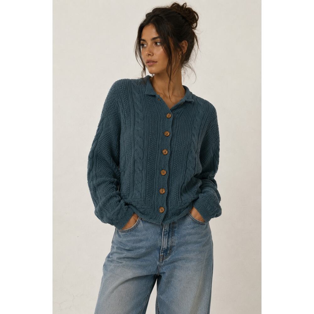 L.L. Bean Cable Knit Button Front Cotton Knit Cardigan Blue Size Small